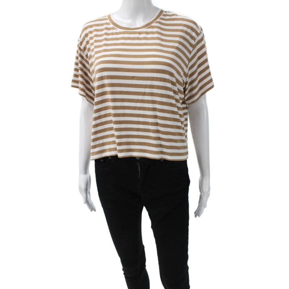 LNA Womens Basic Brown Striped Crew Neck Short Sleeve T-Shirt Size M